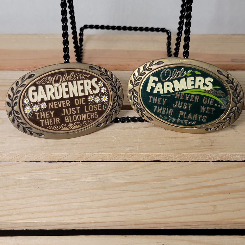 Set of 2 VINTAGE Humorous Brass Belt Buckles: Old Farmers & Old Gardners (1980)